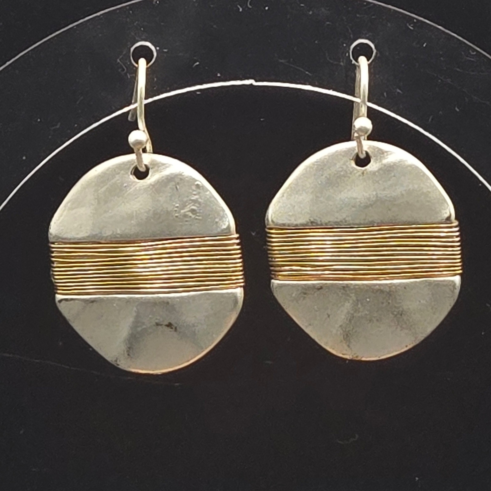 Handmade Two Tone Earrings Gold Wire Wrapped Silver Tone Oval Dangle Hook